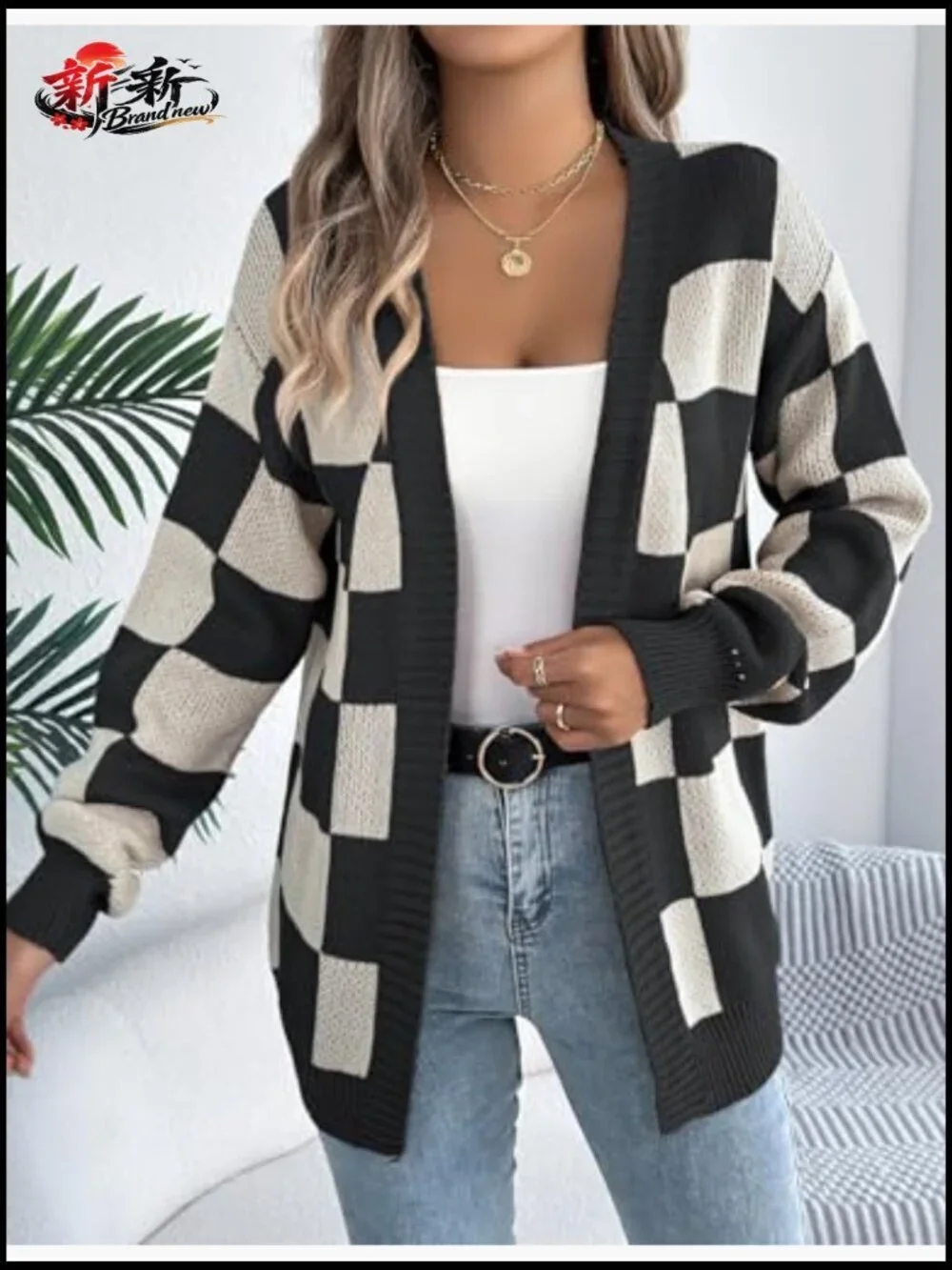 Checkered Oversized Knit Cardigan Long Sleeve V-Neck Lantern Sleeve - Picture 4 of 5